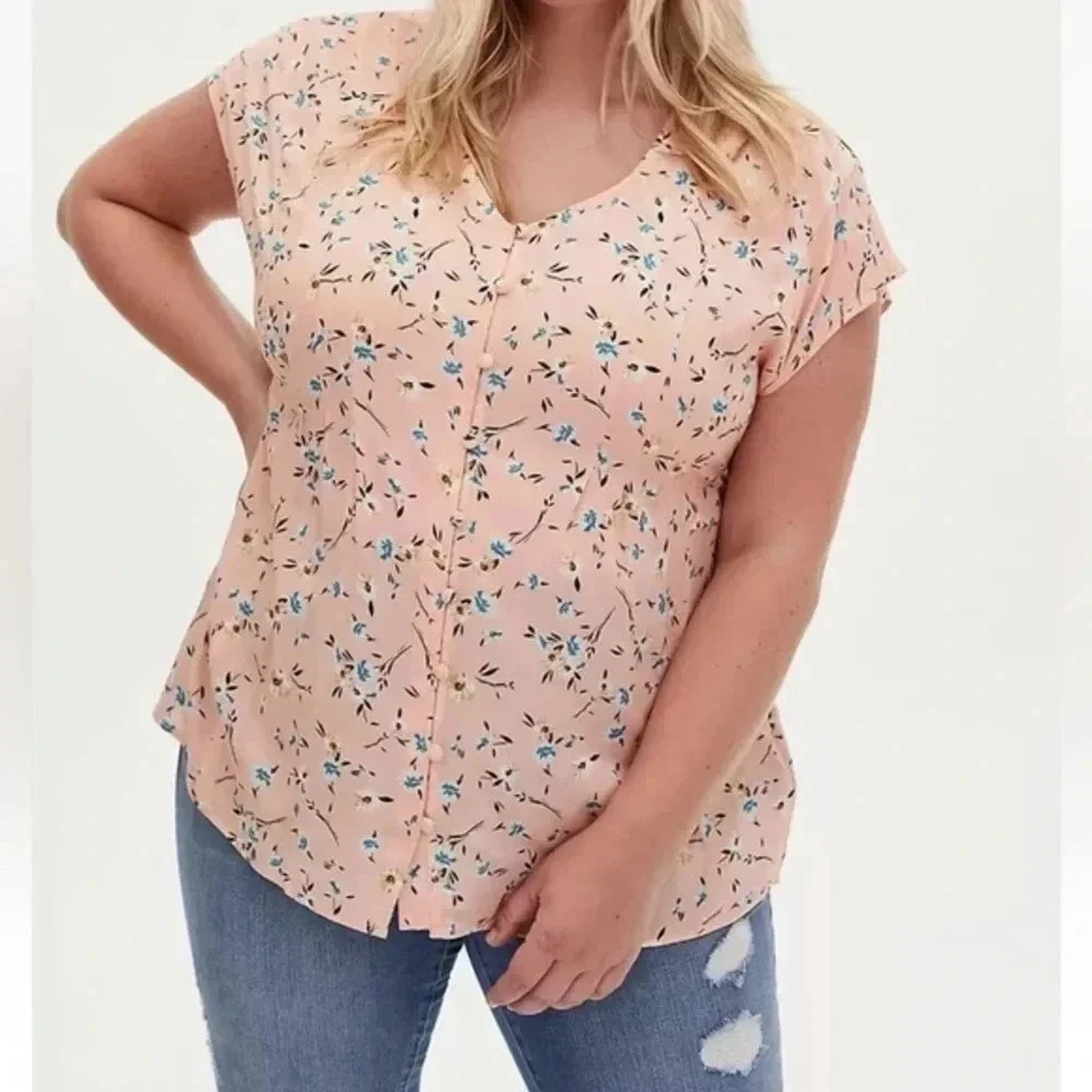 Torrid Floral Challis Button Fit & Flare Blouse Stretch Back Peach Plus Size 2X